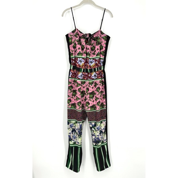 Clover Canyon Floral Jumpsuit Sz M Black Pink Green Patchwork Strappy Tie Front - Picture 2 of 14